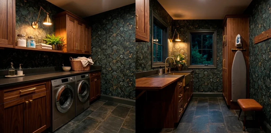 Dark botanical wallpaper in a moody, modern laundry room with walnut cabinets and brass accents.