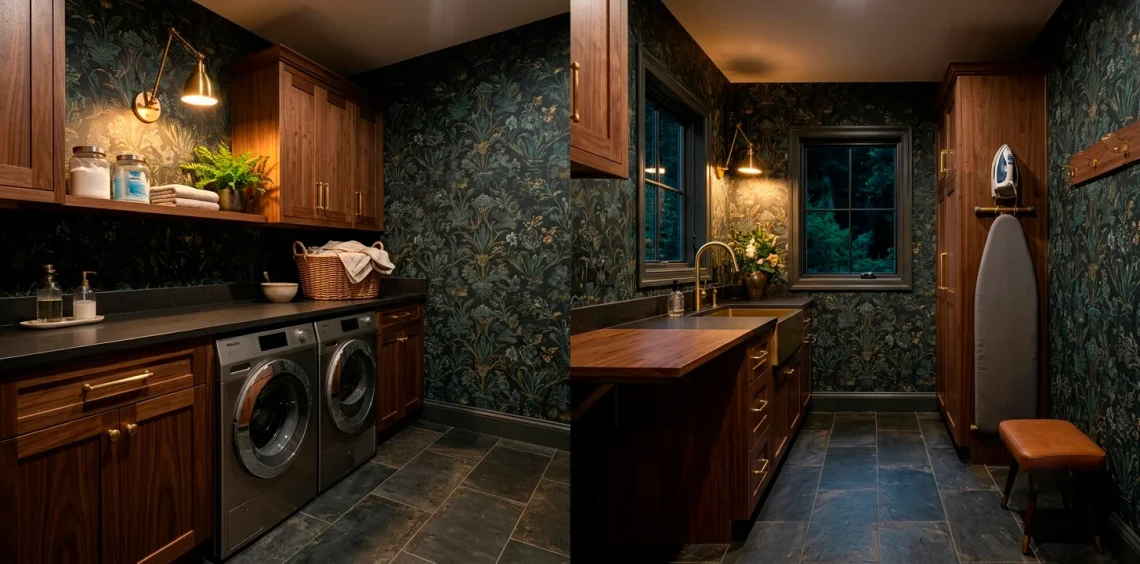 Dark botanical wallpaper in a moody, modern laundry room with walnut cabinets and brass accents.