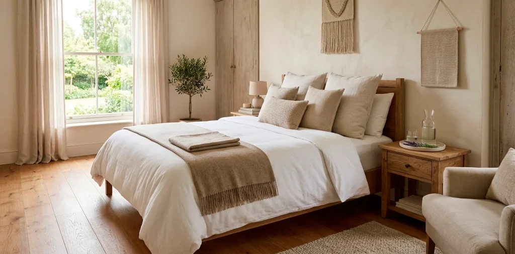 Cozy guest bedroom with fresh white bedding, welcoming bedside tray, and abundant natural morning light.