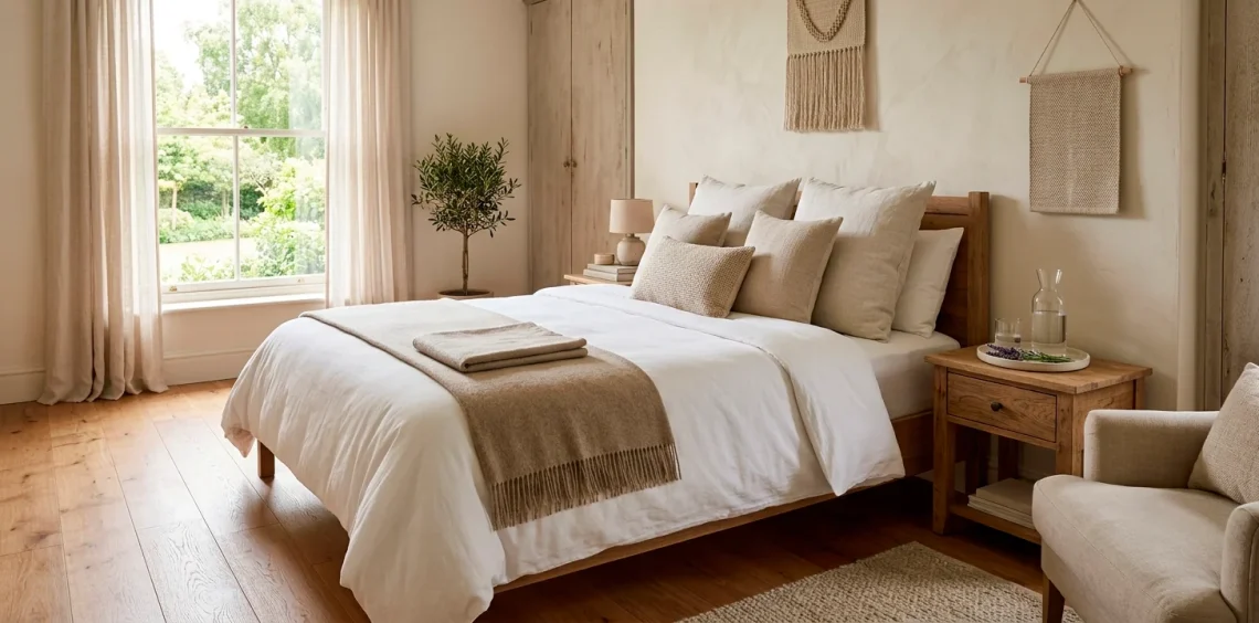 Cozy guest bedroom with fresh white bedding, welcoming bedside tray, and abundant natural morning light.