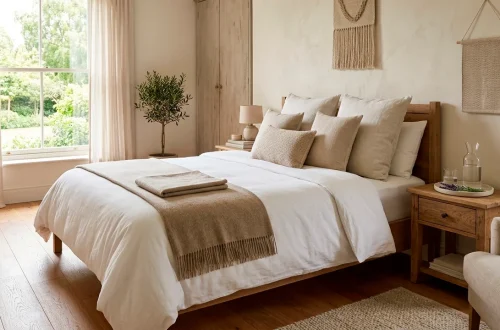Cozy guest bedroom with fresh white bedding, welcoming bedside tray, and abundant natural morning light.