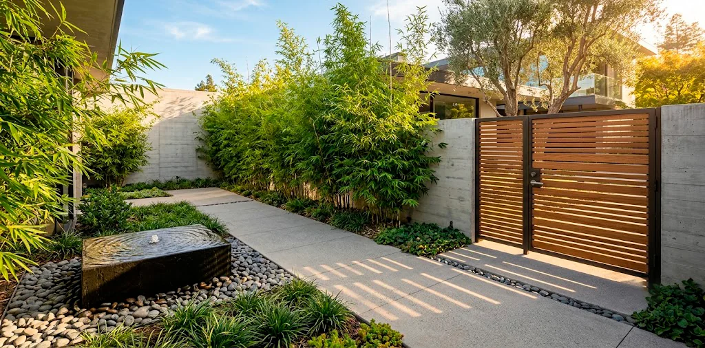 Modern courtyard entryway with sleek concrete pavers, bamboo planters, and a teak slatted gate