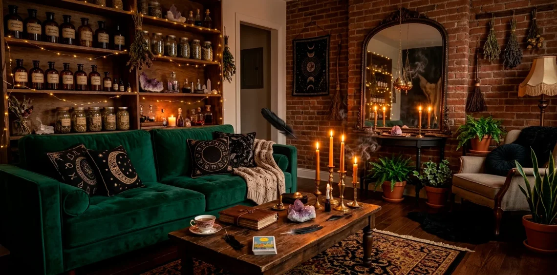 Cozy small apartment living room decorated with a witchy Halloween aesthetic featuring moody lighting and velvet textures