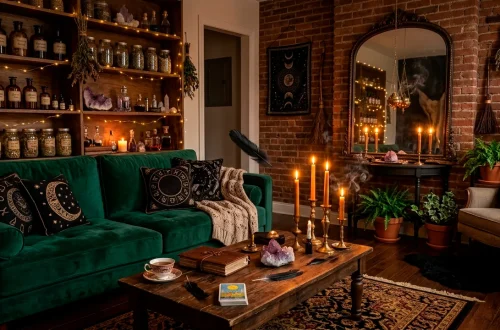 Cozy small apartment living room decorated with a witchy Halloween aesthetic featuring moody lighting and velvet textures