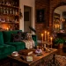 Cozy small apartment living room decorated with a witchy Halloween aesthetic featuring moody lighting and velvet textures
