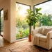 A cozy sunlit corner nook featuring a plush armchair, natural light, and green plants