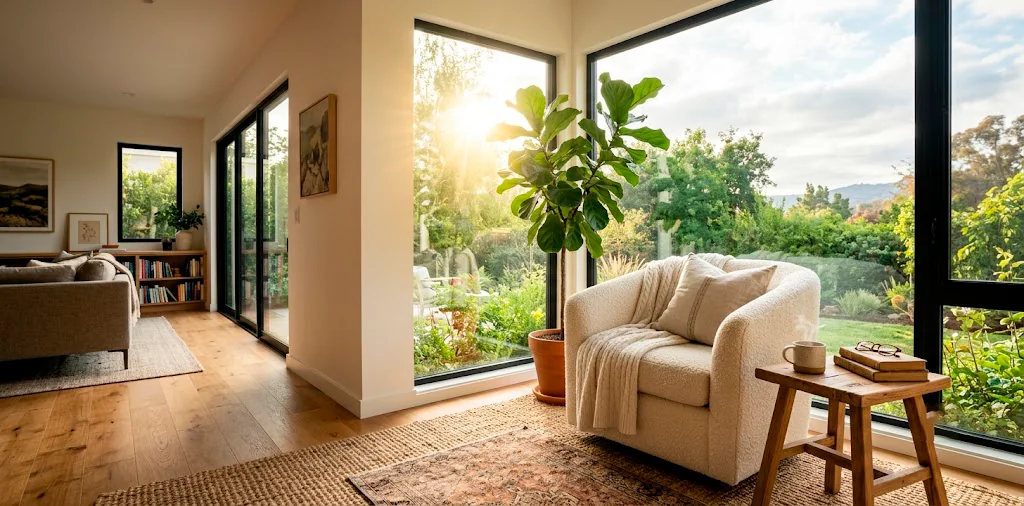 A cozy sunlit corner nook featuring a plush armchair, natural light, and green plants