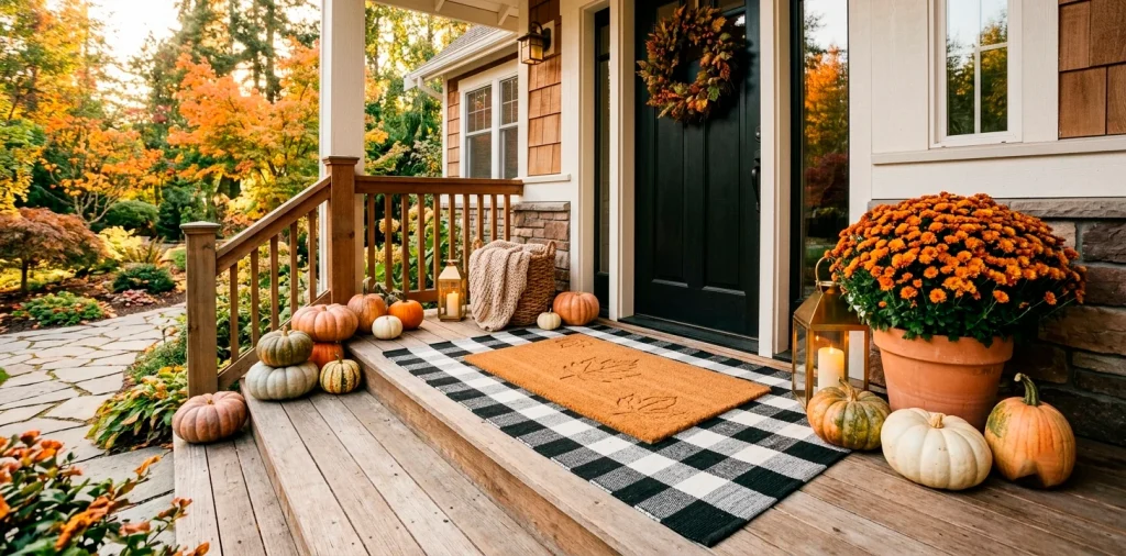 Beautiful fall porch featuring layered black and white plaid rug with a textured autumn doormat and decorative pumpkins.