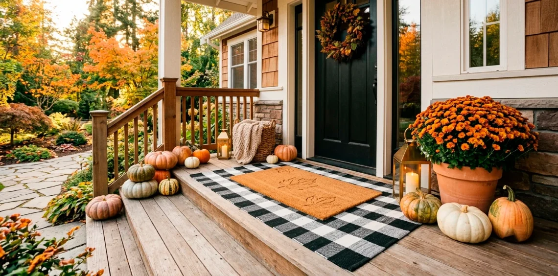 Beautiful fall porch featuring layered black and white plaid rug with a textured autumn doormat and decorative pumpkins.