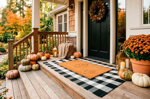 Beautiful fall porch featuring layered black and white plaid rug with a textured autumn doormat and decorative pumpkins.