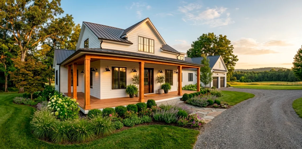 Stunning modern farmhouse exterior featuring crisp white siding and a warm cedar wood front porch.