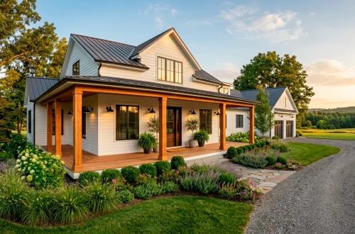 Stunning modern farmhouse exterior featuring crisp white siding and a warm cedar wood front porch.