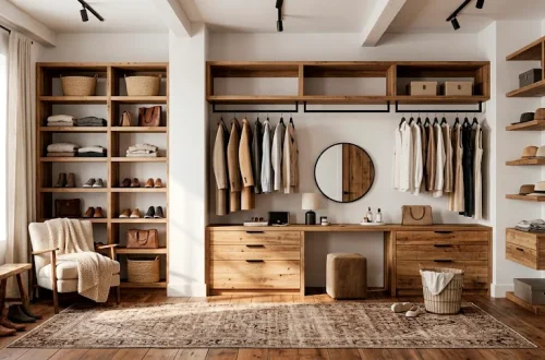 A modern rustic dressing room featuring reclaimed wood shelves, sleek black hardware, and a vintage rug.