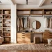 A modern rustic dressing room featuring reclaimed wood shelves, sleek black hardware, and a vintage rug.