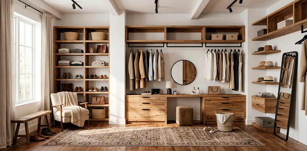 A modern rustic dressing room featuring reclaimed wood shelves, sleek black hardware, and a vintage rug.