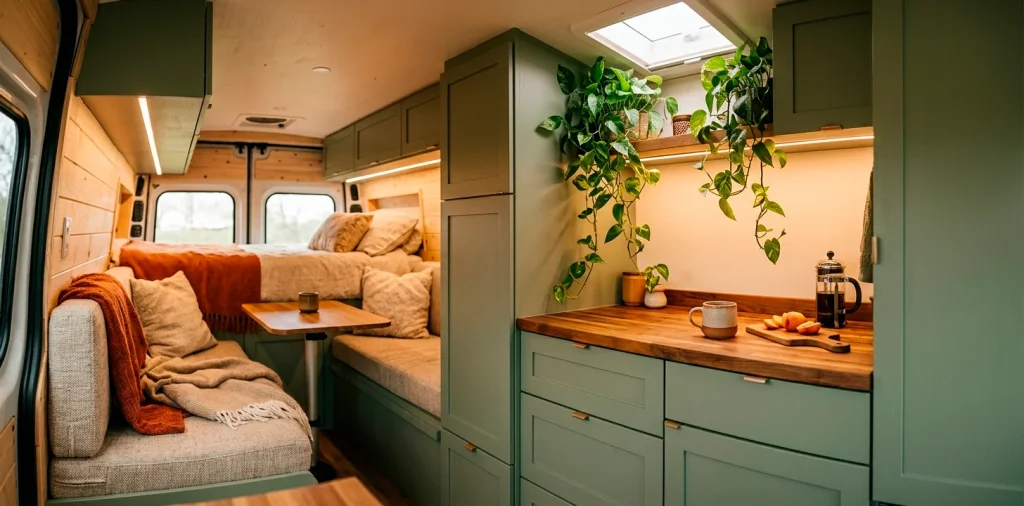Cozy camper van interior featuring sage green cabinets, warm wood countertops, and hanging plants