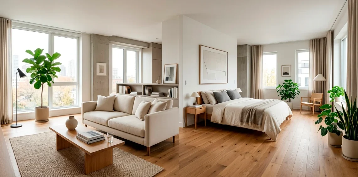 Wide panoramic view of a beautifully styled modern studio apartment with natural light and clever space zoning.