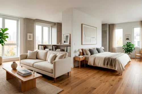 Wide panoramic view of a beautifully styled modern studio apartment with natural light and clever space zoning.