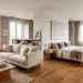 Wide panoramic view of a beautifully styled modern studio apartment with natural light and clever space zoning.