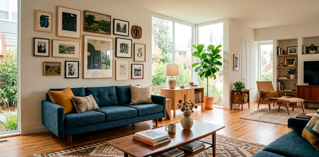 Modern living room featuring a perfectly aligned gallery wall above a mid-century sofa with natural sunlight.