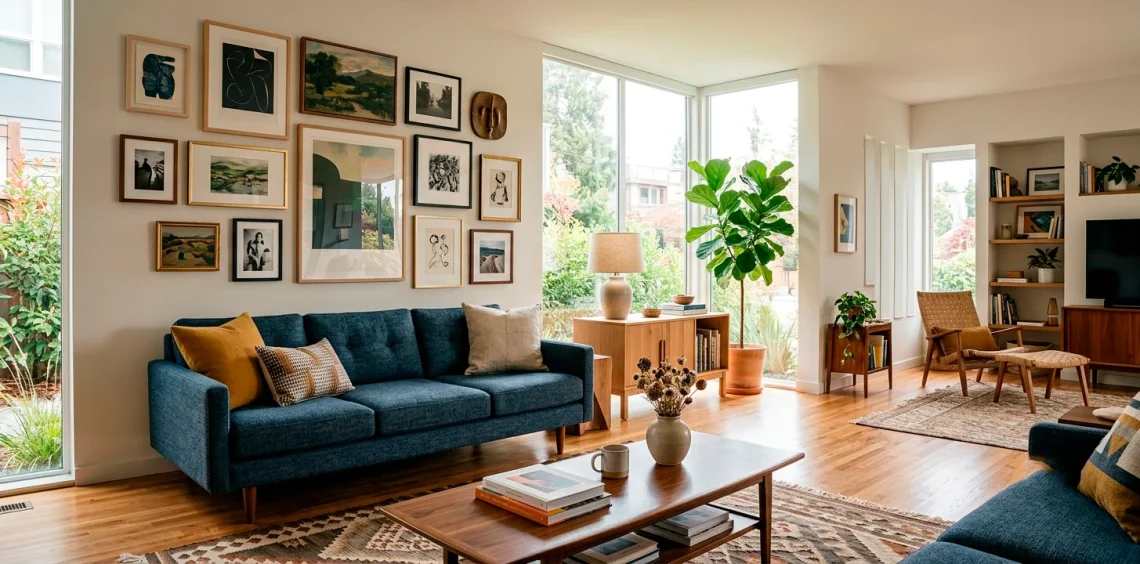 Modern living room featuring a perfectly aligned gallery wall above a mid-century sofa with natural sunlight.