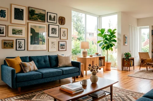 Modern living room featuring a perfectly aligned gallery wall above a mid-century sofa with natural sunlight.