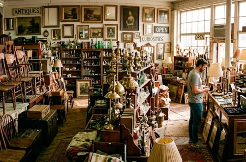 Vintage junk shop filled with antique wooden chairs, brass lamps, and hidden treasures ready for flipping