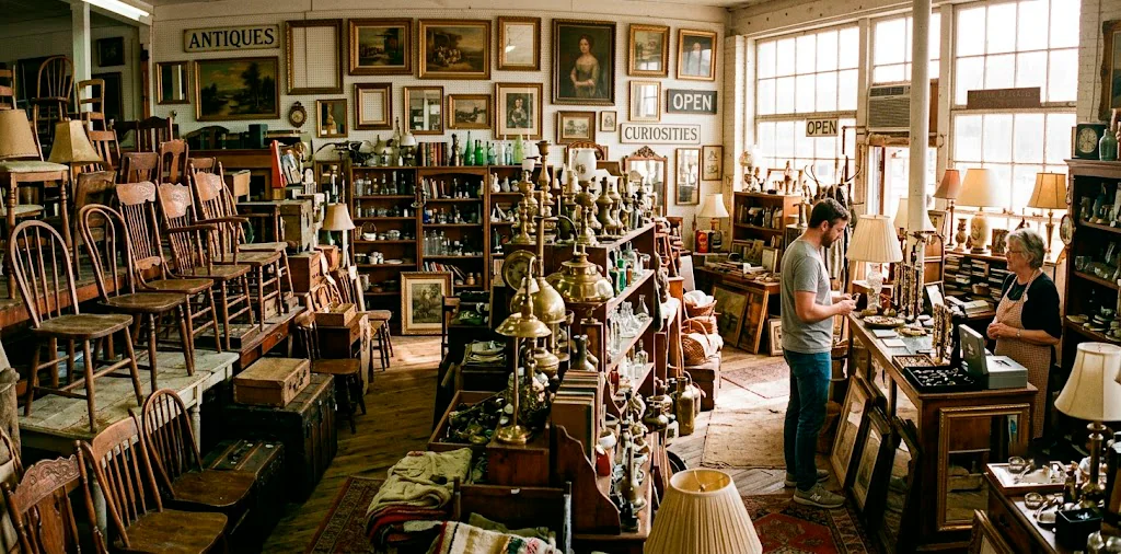 Vintage junk shop filled with antique wooden chairs, brass lamps, and hidden treasures ready for flipping