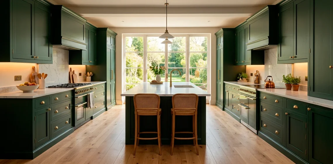 A beautifully designed modern dark green kitchen featuring brass hardware and white quartz countertops.