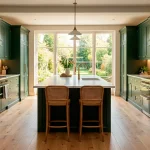 A beautifully designed modern dark green kitchen featuring brass hardware and white quartz countertops.