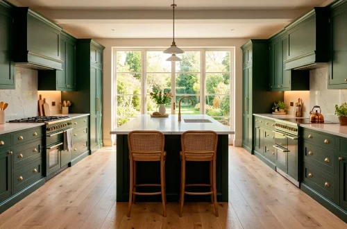 A beautifully designed modern dark green kitchen featuring brass hardware and white quartz countertops.