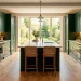 A beautifully designed modern dark green kitchen featuring brass hardware and white quartz countertops.