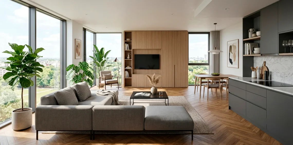 Wide panoramic view of a beautifully organized studio apartment featuring clever hidden storage solutions.