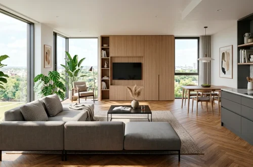 Wide panoramic view of a beautifully organized studio apartment featuring clever hidden storage solutions.