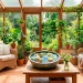 A relaxing indoor sunroom featuring lush houseplants, cozy furniture, and a decorative ceramic tabletop mini pond.