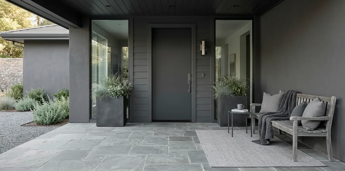 Elegant small front porch decorated in monochromatic grey tones with sleek modern planters and a cozy outdoor rug