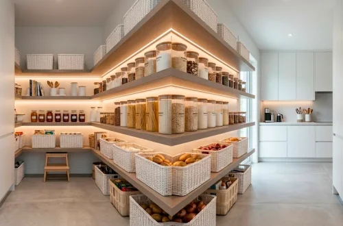 Modern grey and white pantry organization with clear canisters, woven baskets, and sleek floating shelves.
