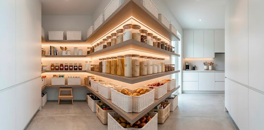 Modern grey and white pantry organization with clear canisters, woven baskets, and sleek floating shelves.