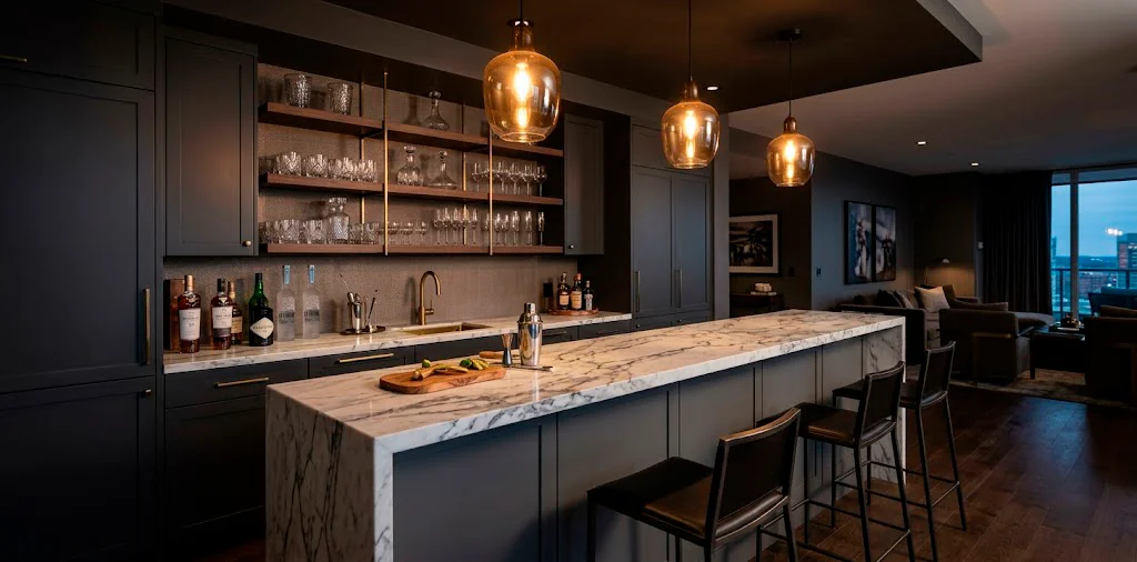 Luxurious modern home bar featuring charcoal grey cabinetry and a stunning white marble countertop.