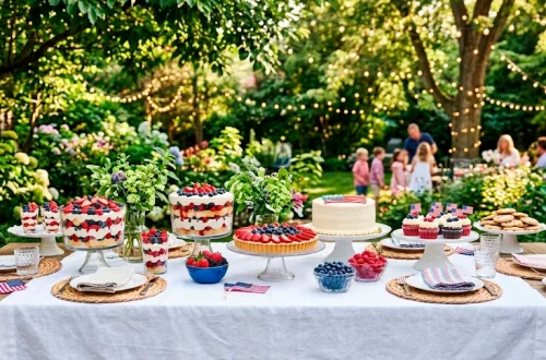 Color-coordinated Memorial Day dessert table spread featuring red white and blue party treats outdoors.