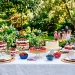Color-coordinated Memorial Day dessert table spread featuring red white and blue party treats outdoors.
