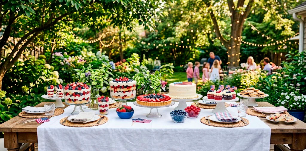 Color-coordinated Memorial Day dessert table spread featuring red white and blue party treats outdoors.