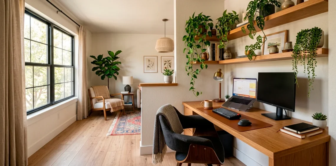 Cozy small space home office nook with wood desk and plants in a brightly lit corner