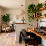 Cozy small space home office nook with wood desk and plants in a brightly lit corner