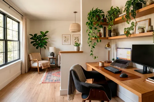 Cozy small space home office nook with wood desk and plants in a brightly lit corner