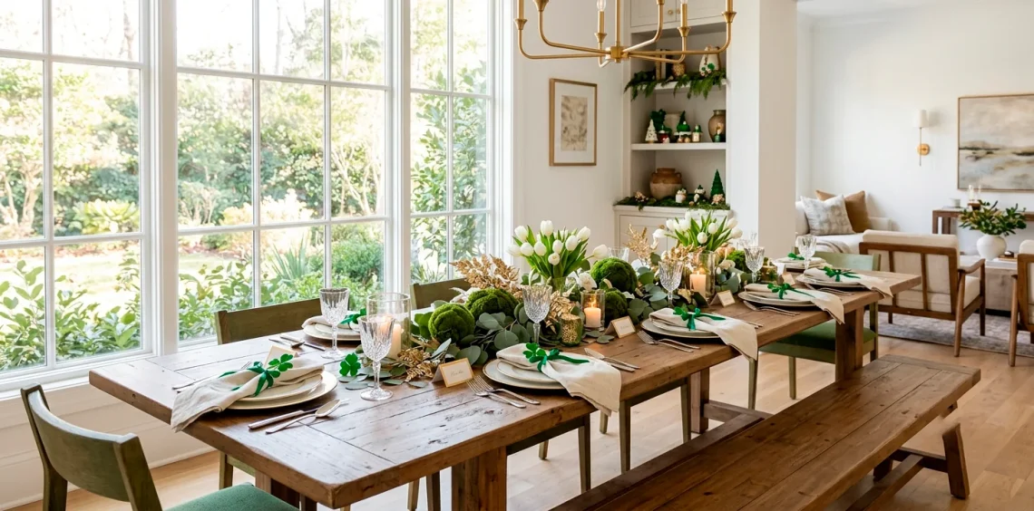 A modern dining room decorated with fresh St. Patrick's Day greenery and gold accents.