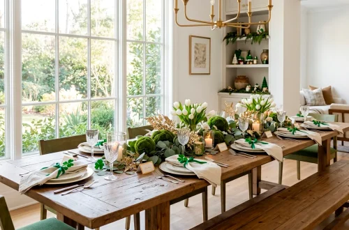 A modern dining room decorated with fresh St. Patrick's Day greenery and gold accents.