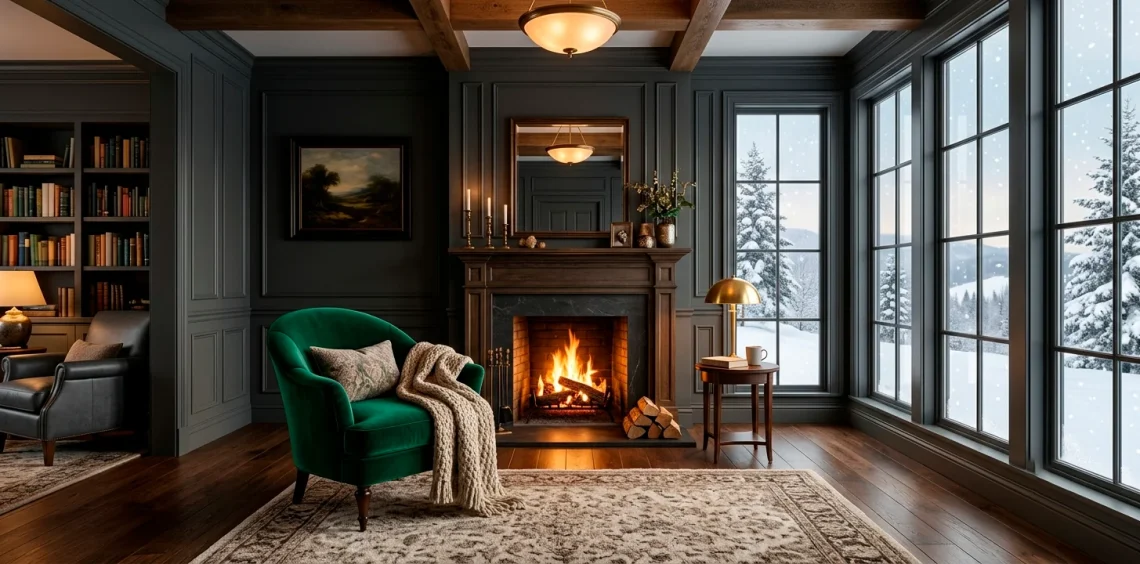 Emerald velvet occasional chair in a cozy winter living room with a crackling fireplace and rich textures.