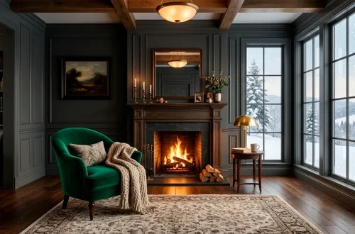 Emerald velvet occasional chair in a cozy winter living room with a crackling fireplace and rich textures.