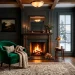 Emerald velvet occasional chair in a cozy winter living room with a crackling fireplace and rich textures.